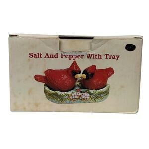 Cardinal Bird Salt & Pepper Set with Holly Tray by Old World Retired Christmas